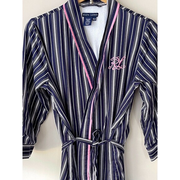 Vintage RALPH LAUREN Womens Robe XS/S Blue Striped Terry Lining Embroidered Logo - Picture 2 of 11